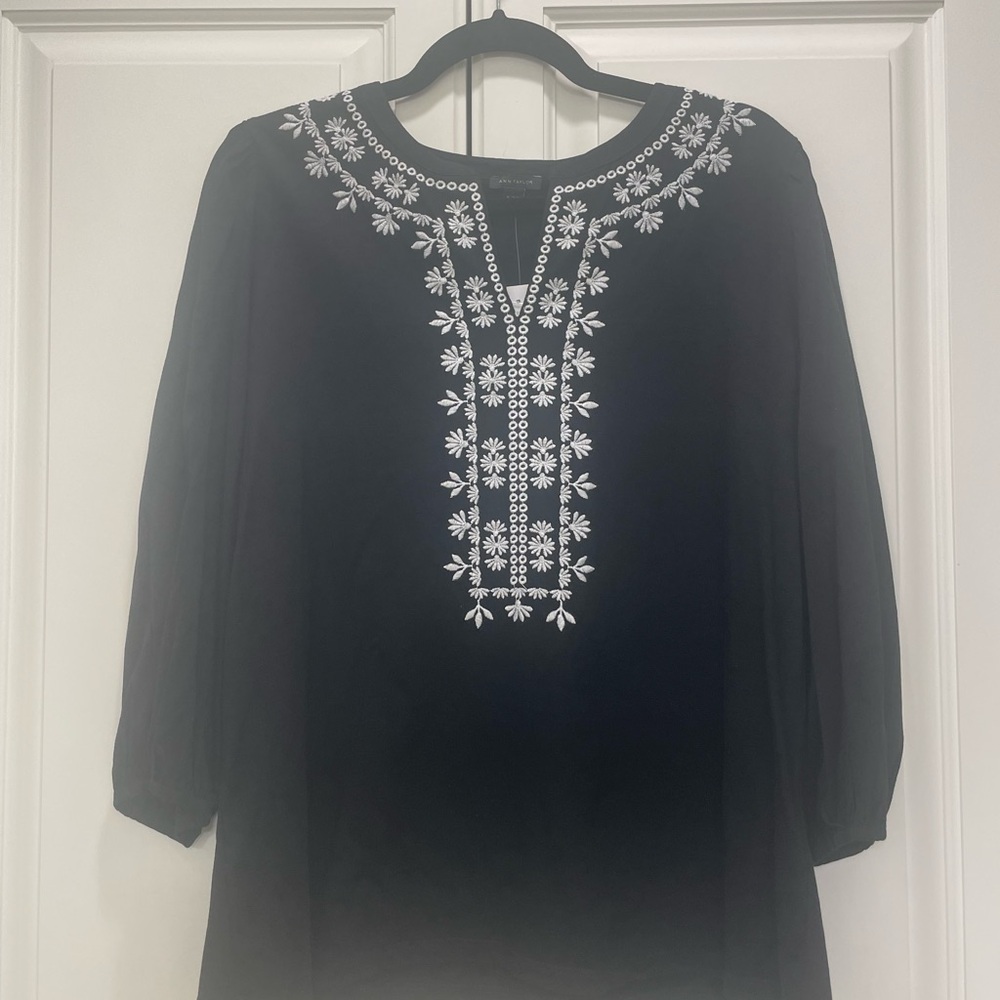 Ann Taylor Black Blouse with Elegant Embroidery